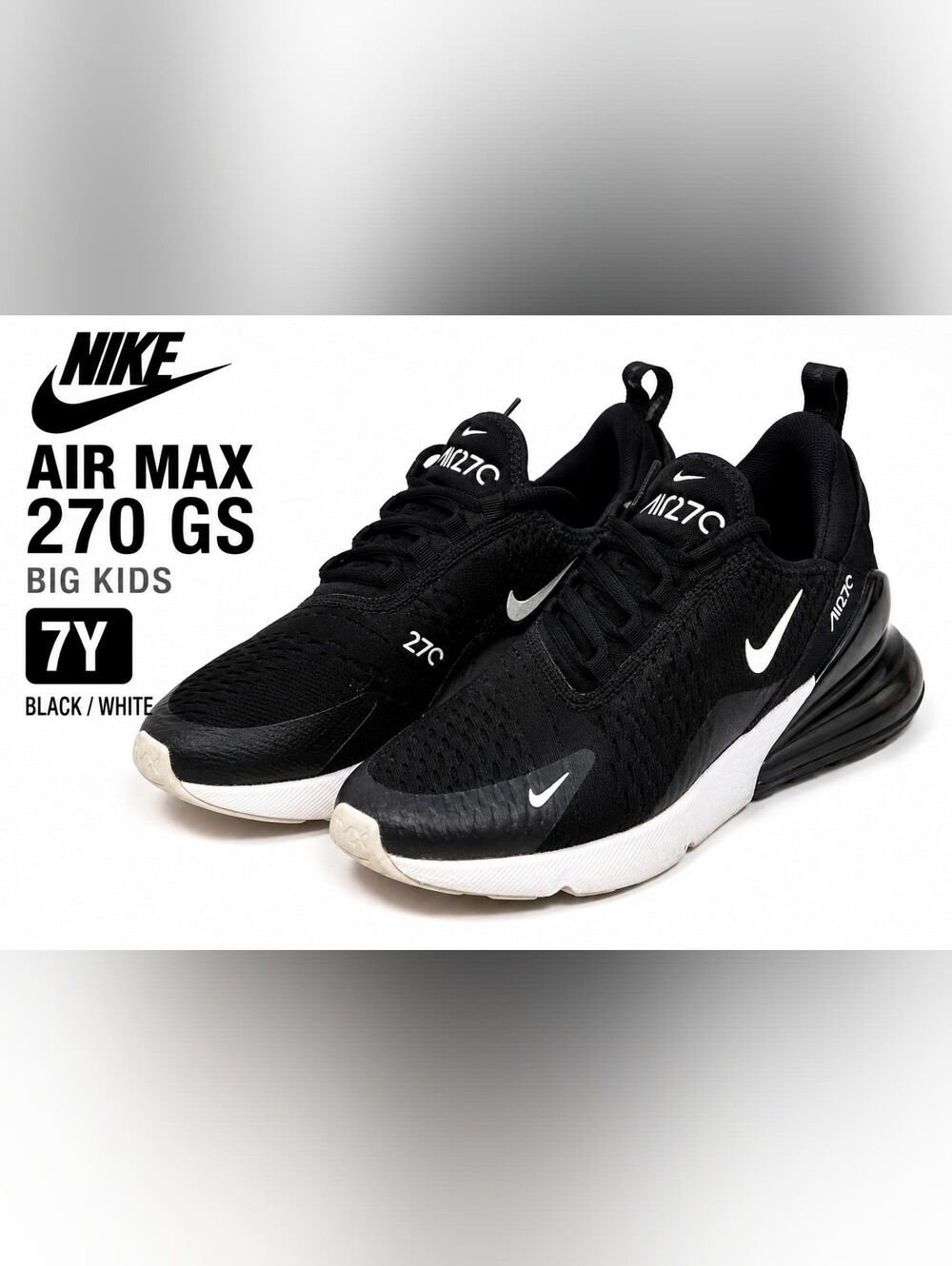 Nike Air Max 270 GS Big Kids 7Y Black White 943345-001 Sneakers